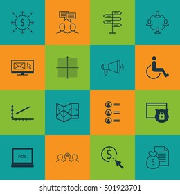 Set Of 16 Universal Editable Icons For Statistics, SEO And Hr Topics. Includes Icons Such As Opportunity, Security, Money And More.
