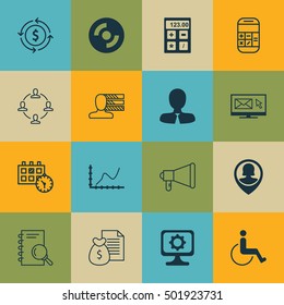 Set Of 16 Universal Editable Icons For Human Resources, Computer Hardware And Statistics Topics. Includes Icons Such As Blank Cd, Announcement, Manager And More.