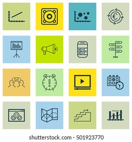 Set Of 16 Universal Editable Icons For Travel, Business Management And SEO Topics. Includes Icons Such As Video Player, Website Performance, Music And More.