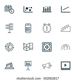 Set Of 16 Universal Editable Icons For Statistics, Tourism And Marketing Topics. Includes Icons Such As Appointment, Media Campaign, Keyword Optimisation And More.