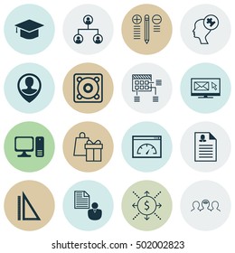Set Of 16 Universal Editable Icons For Computer Hardware, Project Management And Human Resources Topics. Includes Icons Such As Coaching, Human Mind, Measurement And More.