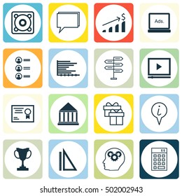 Set Of 16 Universal Editable Icons For Hr, Management And School Topics. Includes Icons Such As Tournament, Brain Process, Job Applicants And More.