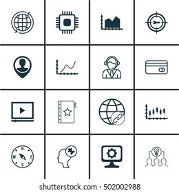 Set Of 16 Universal Editable Icons For Marketing, Travel And Business Management Topics. Includes Icons Such As Video Player, Operator, Chip And More.
