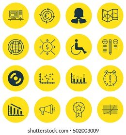 Set Of 16 Universal Editable Icons For Traveling, Transportation And Computer Hardware Topics. Includes Icons Such As Accessibility, Fail Graph, Blank Cd And More.