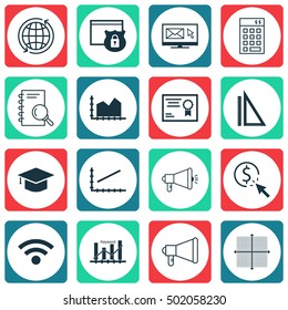 Set Of 16 Universal Editable Icons For Statistics, Airport And Advertising Topics. Includes Icons Such As World, Graduation, Certificate And More.
