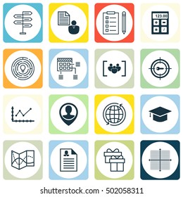 Set Of 16 Universal Editable Icons For Airport, Human Resources And Education Topics. Includes Icons Such As Reminder, Graphical Grid, Keyword Marketing And More.
