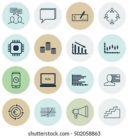 Set Of 16 Universal Editable Icons For Travel, Computer Hardware And Advertising Topics. Includes Icons Such As Conference, Announcement, Currency Recycle And More.