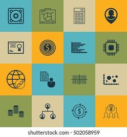 Set Of 16 Universal Editable Icons For Business Management, Education And Human Resources Topics. Includes Icons Such As Business Goal, Collaborative Solution, Bars Chart And More.