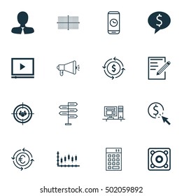 Set Of 16 Universal Editable Icons For Education, Marketing And Travel Topics. Includes Icons Such As Media Campaign, Business Deal, Currency Recycle And More.