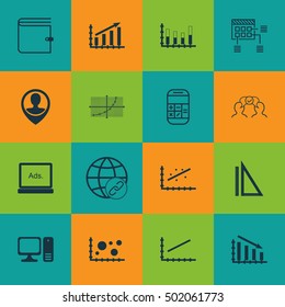 Set Of 16 Universal Editable Icons For SEO, Airport And Education Topics. Includes Icons Such As Desktop Computer, Analytics, Cooperation And More.