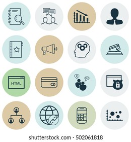 Set Of 16 Universal Editable Icons For Advertising, Marketing And Statistics Topics. Includes Icons Such As Security, Tree Structure, Calculation And More