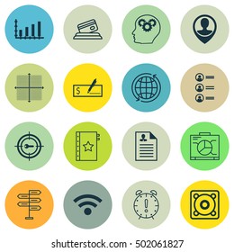 Set Of 16 Universal Editable Icons For Statistics, Computer Hardware And Project Management Topics. Includes Icons Such As Wireless, Graphical Grid, Curriculum Vitae And More.
