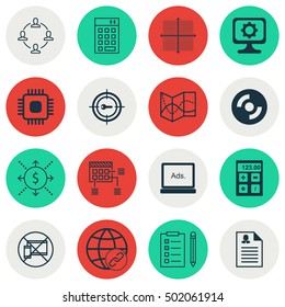 Set Of 16 Universal Editable Icons For Airport, Advertising And Project Management Topics. Includes Icons Such As Financial, Road Map, Blank Cd And More.