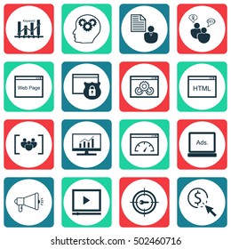 Set Of 16 Universal Editable Icons. Can Be Used For Web, Mobile And App Design. Includes Icons Such As Website Performance, Digital Media, SEO Brainstorm And More.