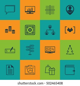 Set Of 16 Universal Editable Icons. Can Be Used For Web, Mobile And App Design. Includes Icons Such As Conference, Music, Wallet And More.