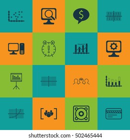 Set Of 16 Universal Editable Icons. Can Be Used For Web, Mobile And App Design. Includes Icons Such As Keyword Optimisation, Music, PC And More.