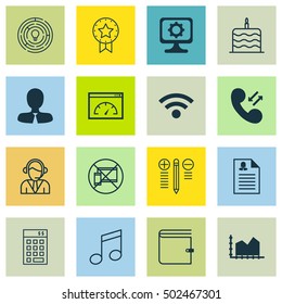 Set Of 16 Universal Editable Icons. Can Be Used For Web, Mobile And App Design. Includes Icons Such As Crotchets, Cellular Data, Operator And More.