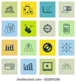 Set Of 16 Universal Editable Icons For Project Management, Marketing And Statistics Topics. Includes Icons Such As Report, Library, Keyword Optimisation And More.