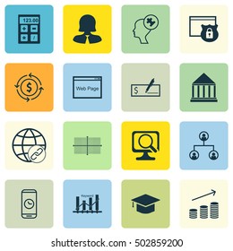 Set Of 16 Universal Editable Icons For Advertising, Business Management And Airport Topics. Includes Icons Such As Education Center, Financial, Money Recycle And More.