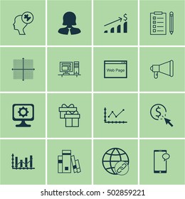 Set Of 16 Universal Editable Icons For Business Management, Project Management And Statistics Topics. Includes Icons Such As Computer, Announcement, Messaging And More.