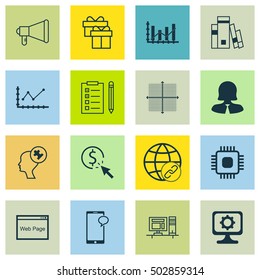 Set Of 16 Universal Editable Icons For Airport, Business Management And Advertising Topics. Includes Icons Such As Messaging, Connectivity, Business Woman And More.