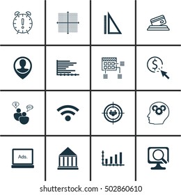 Set Of 16 Universal Editable Icons For Statistics, SEO And Computer Hardware Topics. Includes Icons Such As Measurement, Bars Chart, Graphical Grid And More.