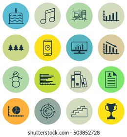 Set Of 16 Universal Editable Icons. Can Be Used For Web, Mobile And App Design. Includes Icons Such As Market Research, Call Duration, Library And More.