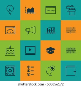 Set Of 16 Universal Editable Icons. Can Be Used For Web, Mobile And App Design. Includes Icons Such As Sinus Graph, Announcement, Loading Speed And More.