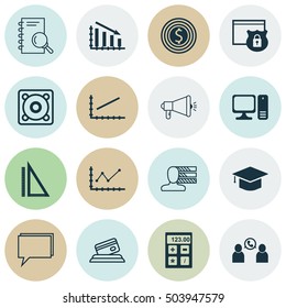 Set Of 16 Universal Editable Icons. Can Be Used For Web, Mobile And App Design. Includes Icons Such As Media Campaign, Desktop Computer, Changes Graph And More.