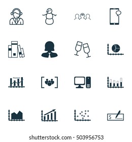 Set Of 16 Universal Editable Icons. Can Be Used For Web, Mobile And App Design. Includes Icons Such As Desktop Computer, Segmented Bar Graph, Bank Payment And More.