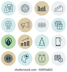 Set Of 16 Universal Editable Icons. Can Be Used For Web, Mobile And App Design. Includes Icons Such As Present Badge, Human Mind, Growth And More.