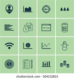 Set Of 16 Universal Editable Icons. Can Be Used For Web, Mobile And App Design. Includes Icons Such As Employee Location, Circle Graph, Money And More.