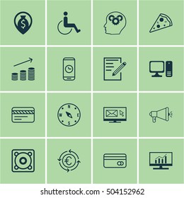 Set Of 16 Universal Editable Icons. Can Be Used For Web, Mobile And App Design. Includes Icons Such As Money Navigation, Plastic Card, Desktop Computer And More.