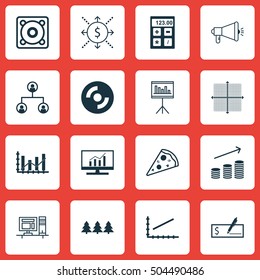 Set Of 16 Universal Editable Icons. Can Be Used For Web, Mobile And App Design. Includes Icons Such As Presentation, Media Campaign, Music And More.