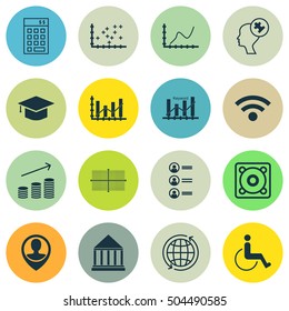 Set Of 16 Universal Editable Icons. Can Be Used For Web, Mobile And App Design. Includes Icons Such As Coins Growth, Music, Education Center And More.