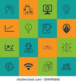 Set Of 16 Universal Editable Icons. Can Be Used For Web, Mobile And App Design. Includes Icons Such As Present Badge, Line Graph, Wireless And More.