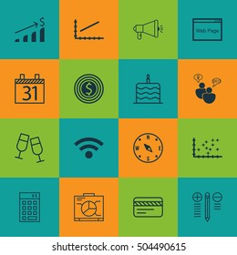 Set Of 16 Universal Editable Icons. Can Be Used For Web, Mobile And App Design. Includes Icons Such As Locate, Board, Media Campaign And More.