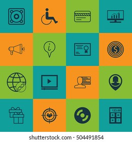 Set Of 16 Universal Editable Icons. Can Be Used For Web, Mobile And App Design. Includes Icons Such As Video Player, Info Pointer, Bank Card And More.