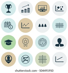Set Of 16 Universal Editable Icons. Can Be Used For Web, Mobile And App Design. Includes Icons Such As Pin Employee, Graphical Grid, Market Research And More.