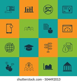 Set Of 16 Universal Editable Icons. Can Be Used For Web, Mobile And App Design. Includes Icons Such As World, Collaborative Solution, Personal Skills And More.