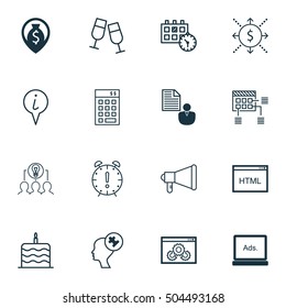 Set Of 16 Universal Editable Icons. Can Be Used For Web, Mobile And App Design. Includes Icons Such As Celebration Cake, Human Mind, Announcement And More.