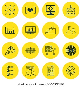 Set Of 16 Universal Editable Icons. Can Be Used For Web, Mobile And App Design. Includes Icons Such As Celebration Cake, Segmented Bar Graph, Investment And More.