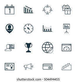 Set Of 16 Universal Editable Icons. Can Be Used For Web, Mobile And App Design. Includes Icons Such As Segmented Bar Graph, Tournament, Agenda And More.