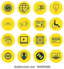 Set Of 16 Universal Editable Icons. Can Be Used For Web, Mobile And App Design. Includes Icons Such As Music, Certificate, Present And More.