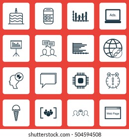 Set Of 16 Universal Editable Icons. Can Be Used For Web, Mobile And App Design. Includes Icons Such As Presentation, Bars Chart, Digital Media And More.