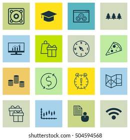 Set Of 16 Universal Editable Icons. Can Be Used For Web, Mobile And App Design. Includes Icons Such As Market Research, Sliced Pizza, Shopping And More.