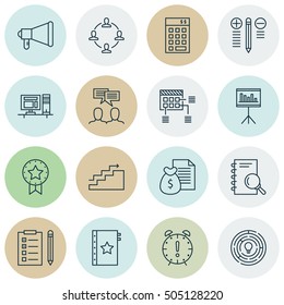 Set Of 16 Universal Editable Icons. Can Be Used For Web, Mobile And App Design. Includes Icons Such As Time Management, Present Badge, Report And More.