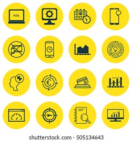 Set Of 16 Universal Editable Icons. Can Be Used For Web, Mobile And App Design. Includes Icons Such As Forbidden Mobile, PC, Keyword Marketing And More.