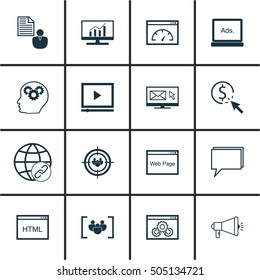 Set Of 16 Universal Editable Icons. Can Be Used For Web, Mobile And App Design. Includes Icons Such As Newsletter, Market Research, Loading Speed And More.