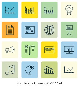 Set Of 16 Universal Editable Icons. Can Be Used For Web, Mobile And App Design. Includes Icons Such As World, Presentation, Crotchets And More.